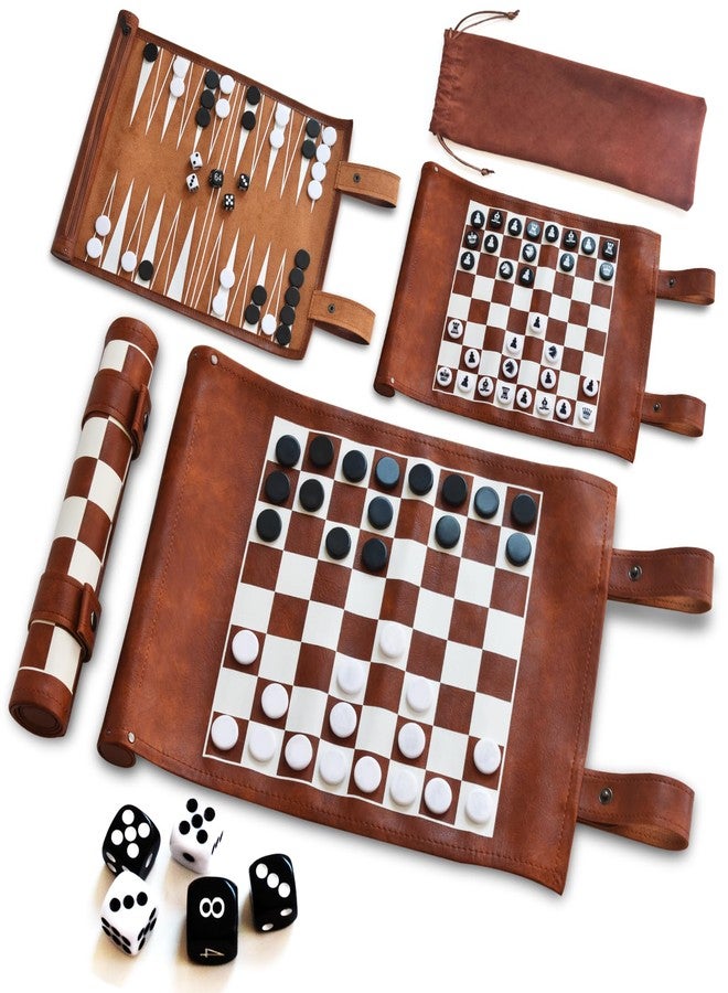 Partsmojo Chess, Checkers, and Backgammon Set 3 in 1 - Roll-up Leather Board Games, Portable and Lightweight with Drawstring Bag,Travel-Size Board Game for Camping, Backpacking, Road Trips, Adults - Image 1